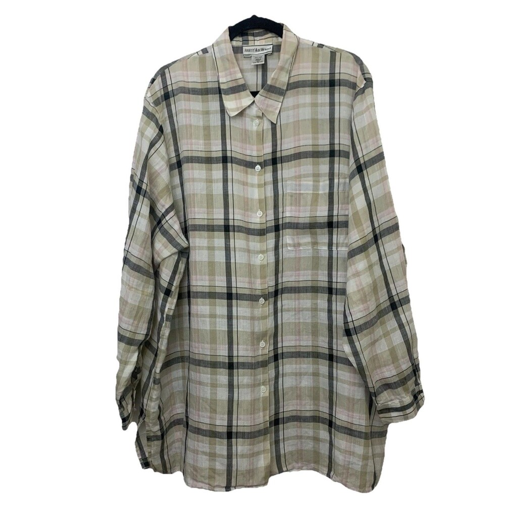 August Max Plaid Linen VTG Button Down Tunic Shirt 2X Longline Top Lagenlook